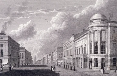 Regent Street, mit den Argyle Rooms, graviert von Charles Heath, 1825